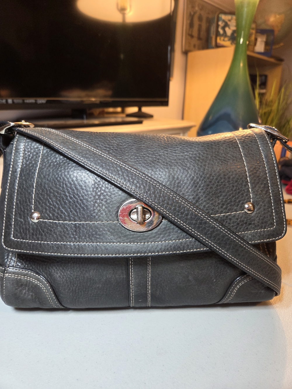 COACH HAMILTON Women's Flap BLACK Pebbled Leather Shoulder Crossbody Turnlock